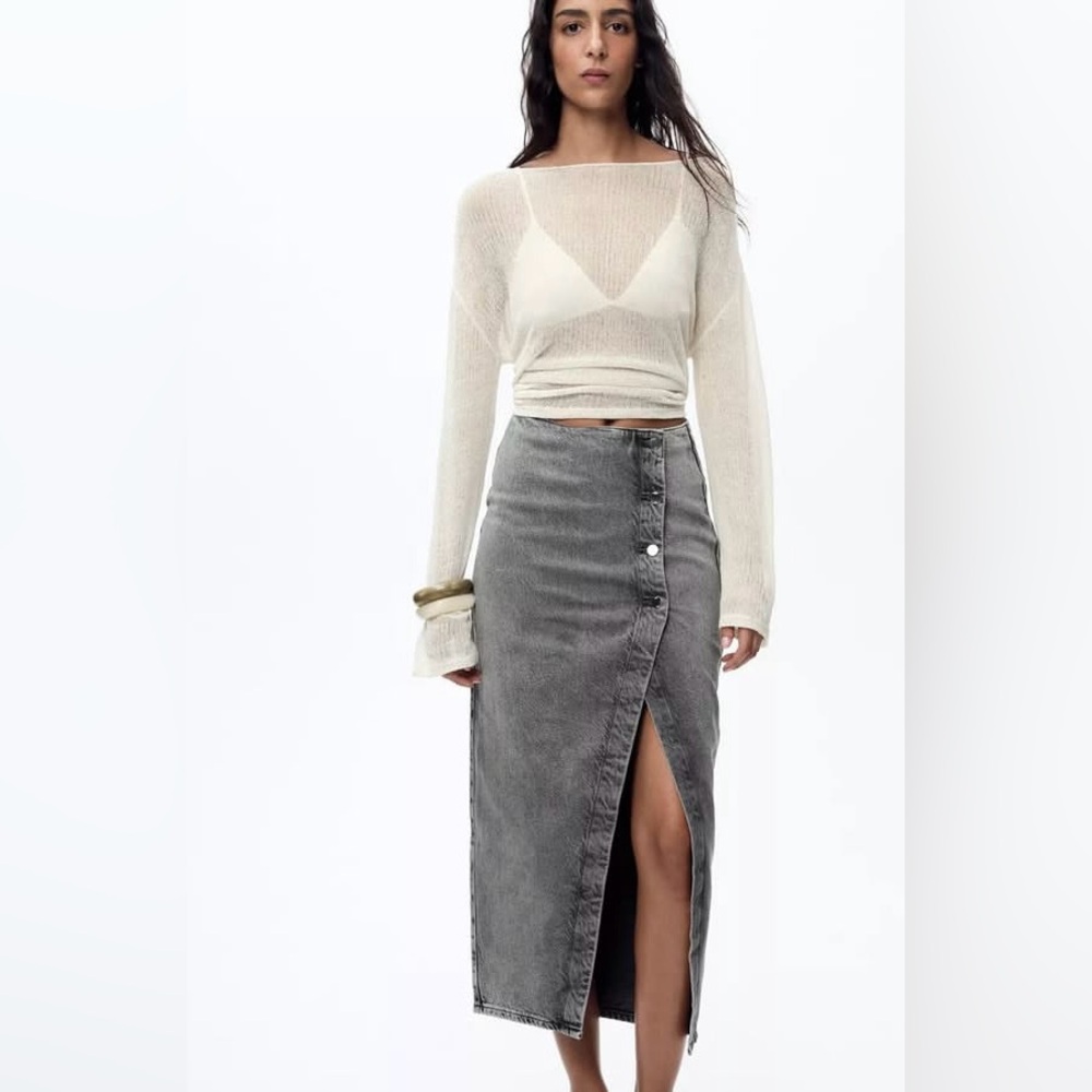 Zara Gray Denim Midi Skirt with Front Slit